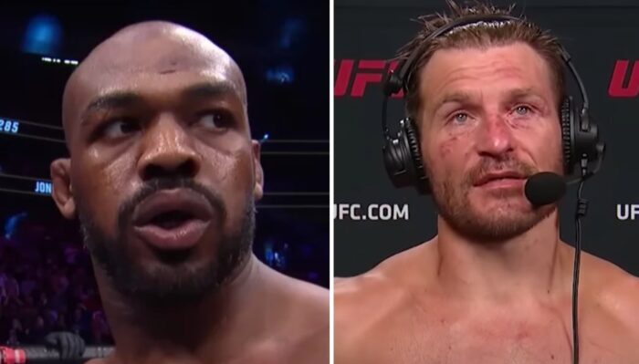 Les combattants poids lourds UFC Jon Jones (gauche) et Stipe Miocic (droite)