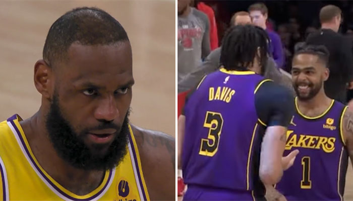 Les stars NBA des Los Angeles Lakers, LeBron James, Anthony Davis et D'Angelo Russell