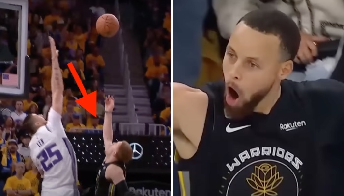 La star NBA des Golden State Warriors, Stephen Curry (droite), choquée par le move d'un de ses coéquipiers