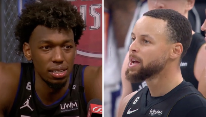 Le pivot NBA des Detroit Pistons, James Wiseman (gauche), et la star des Golden State Warriors, Stephen Curry (droite)