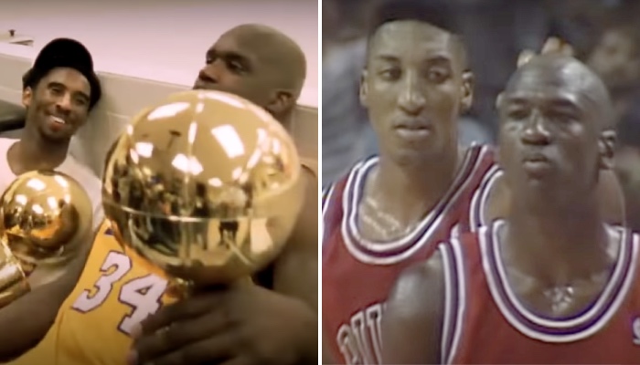 Les duos de légende de la NBA, Kobe Bryant & Shaquille O'Neal (gauche) et Scottie Pippen & Michael Jordan (droite)