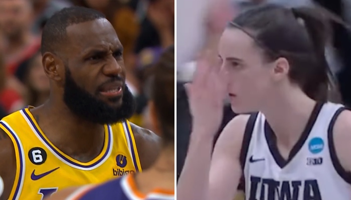 La superstar NBA des Los Angeles Lakers, LeBron James (gauche), et la star NCAA de la fac d'Iowa, Caitlin Clark (droite)