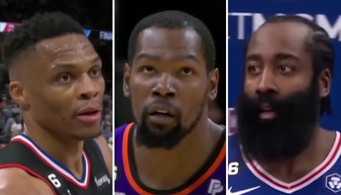 Les superstars NBA Russell Westbrook (gauche), Kevin Durant (centre) et James Harden (droite)