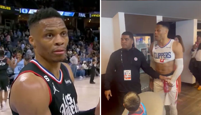 Russell Westbrook s'écharpe avec un fan lors du match contre les Suns