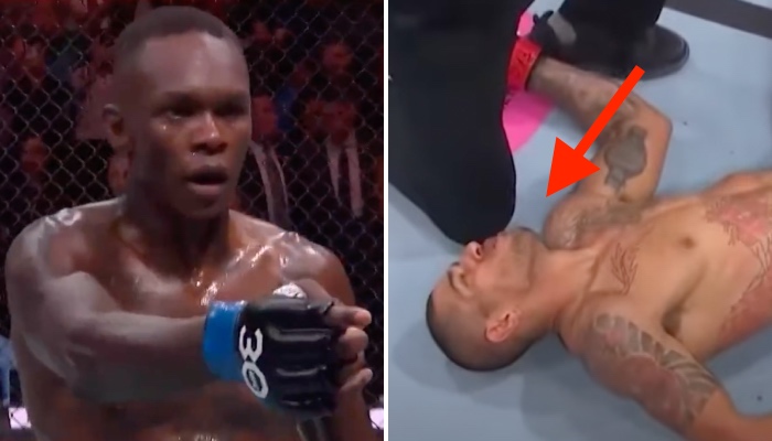 Les combattants Israel Adesanya (gauche) et Alex Pereira (droite) après leur affrontement lors de l'UFC 287