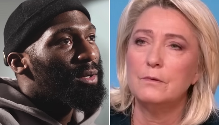 Le combattant de MMA français Cédric Doumbé (gauche) et la femme politique française Marine Le Pen (droite)