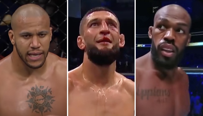 Les combattants UFC Ciryl Gane (gauche), Khamzat Chimaev (centre) et Jon Jones (droite)