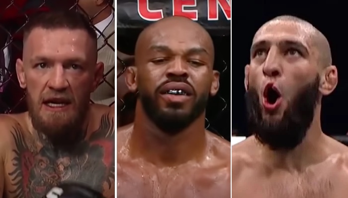 Les combattants stars de l'UFC, Conor McGregor (gauche), Jon Jones (centre) et Khamzat Chimaev (droite)