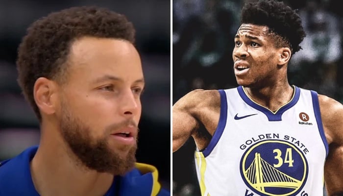 Les superstars NBA Stephen Curry (gauche) et Giannis Antetokounmpo (droite) sous les couleurs des Golden State Warriors