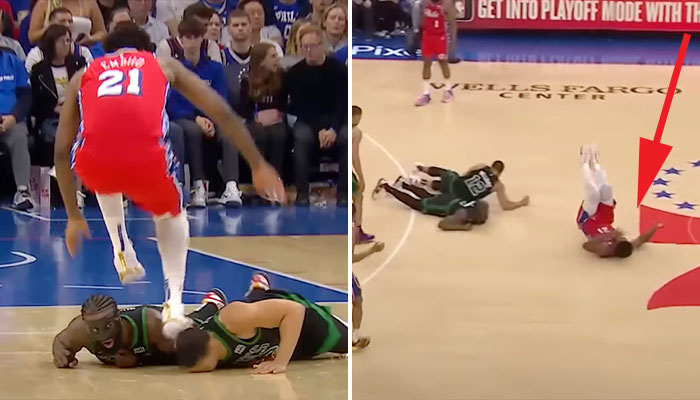 Joel Embiid marche sur la tête de Grant Williams, joueur des Celtics