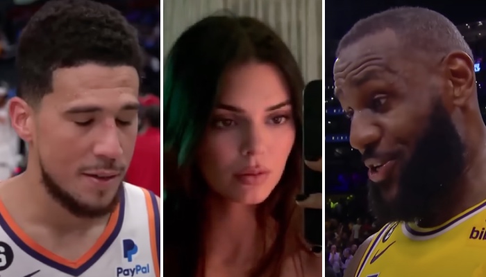 La star NBA des Phoenix Suns, Devin Booker (gauche), la célèbre topmodel Kendall Jenner (centre) et la superstar NBA des Los Angeles Lakers, LeBron James (droite)