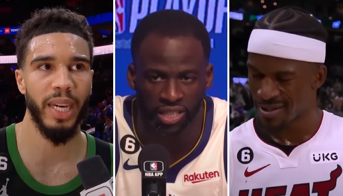 Les stars NBA Jayson Tatum (gauche), Draymond Green (centre) et Jimmy Butler (droite)