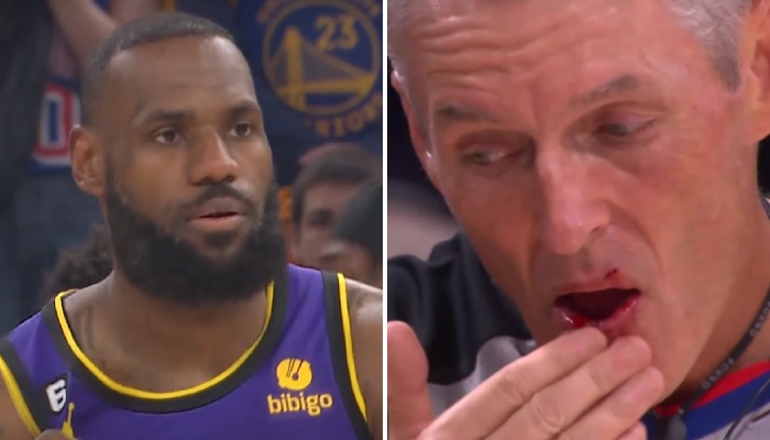 La superstar NBA des Los Angeles Lakers, LeBron James (gauche), et l'arbitre Scott Foster ensanglanté