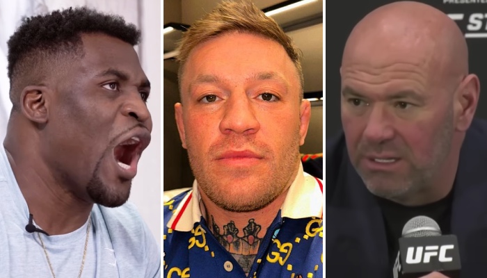 Les combattants stars Francis Ngannou (gauche) et Conor McGregor (centre), ainsi que le grand patron de l'UFC, Dana White (droite)