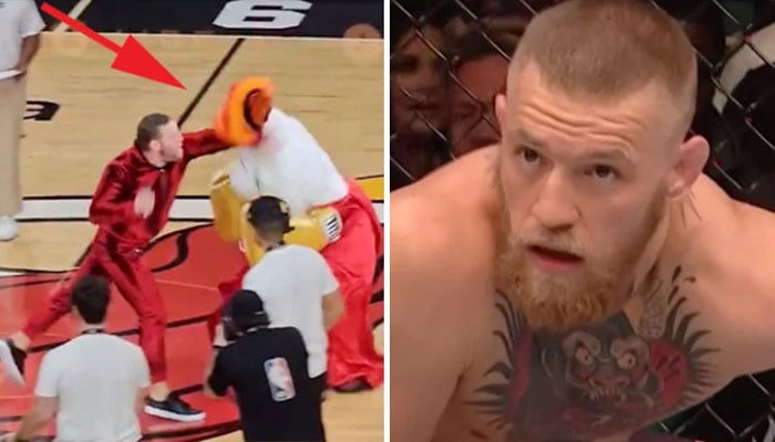 Le combattant UFC Conor McGregor frappant la mascotte NBA du Miami Heat