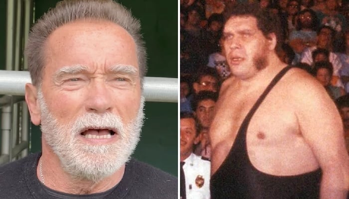 Arnold Schwarzenegger (gauche) et Andre The Giant (droite)
