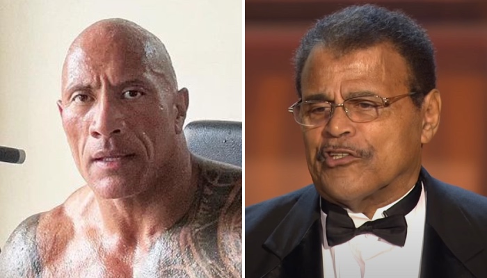 L'ancien catcheur et célèbre acteur Dwayne « The Rock » Johnson (gauche) et son père Rocky (droite)