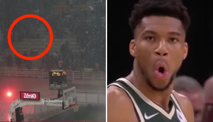 La star NBA Giannis Antetokounmpo (droite) s'est retrouvée au cœur des échauffourées intervenues lors du Game 4 des finales du championnat grec