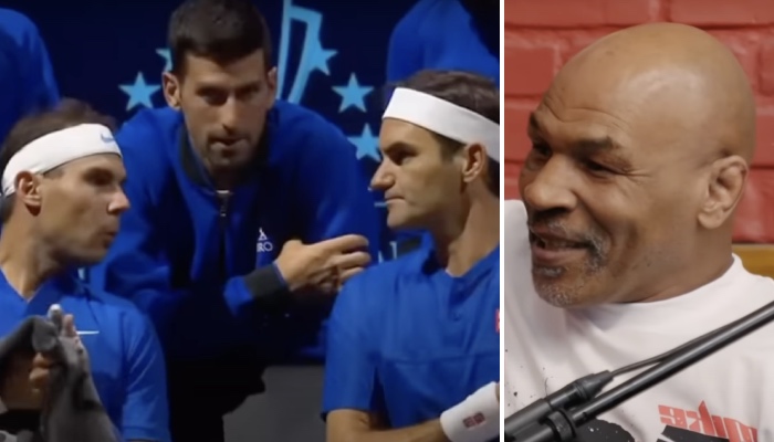 Les stars du tennis Rafael Nadal, Novak Djokovic et Roger Federer (gauche) et la légende de la boxe Mike Tyson (droite)