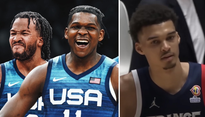 Les stars NBA Jalen Brunson et Anthony Edwards (gauche), ici sous les couleurs de Team USA, et le prodige de l'équipe de France Victor Wembanyama (droite)