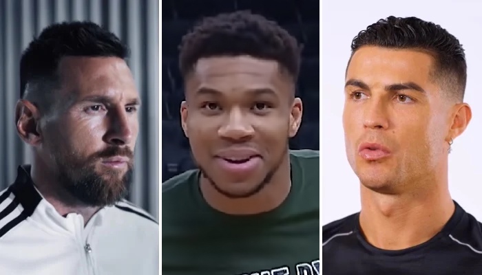 Les légendes du football Lionel Messi (gauche) et Cristiano Ronaldo (droite) entourent la star NBA Giannis Antetokounmpo (centre)