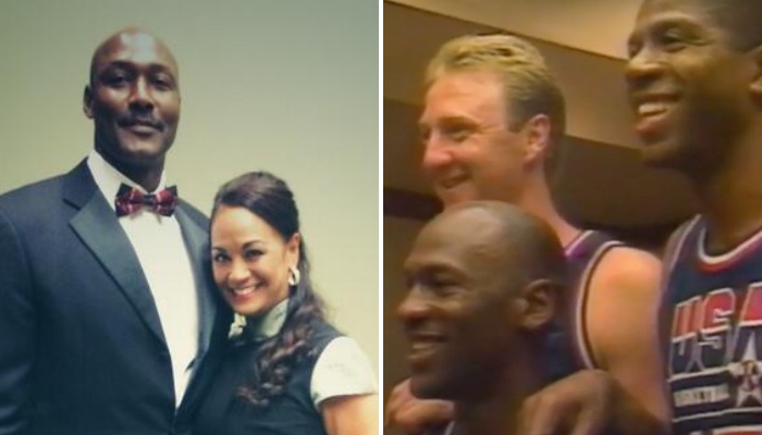 Karl Malone et sa femme, Kay (gauche), et les légendes NBA Michael Jordan, Larry Bird et Magic Johnson (droite), ici sous les couleurs de Team USA