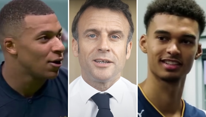 Le footballeur Kylian Mbappé (gauche), le président de la République française Emmanuel Macron (centre) et le basketteur Victor Wembanyama (droite)