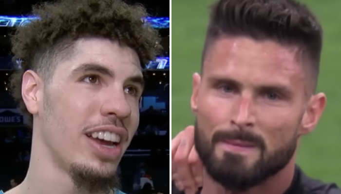 La star NBA des Charlotte Hornets, LaMelo Ball (gauche) et l'attaquant français de l'AC Milan, Olivier Giroud (droite)