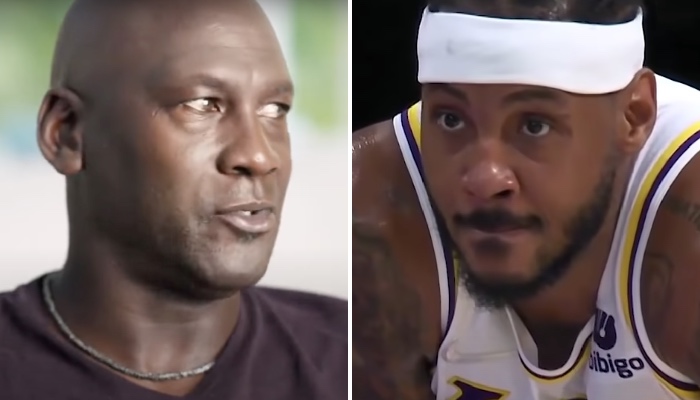 Les légendes NBA Michael Jordan (gauche) et Carmelo Anthony (droite)