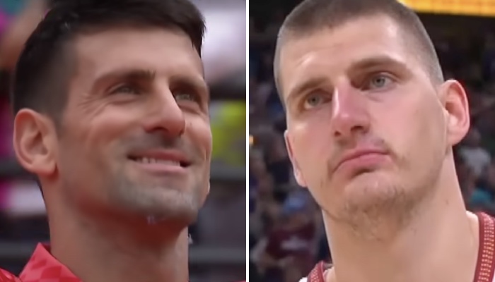 La star du tennis Novak Djokovic (gauche) et le pivot NBA des Denver Nuggets Nikola Jokic (droite)