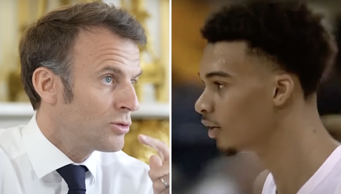 Le président de la République française, Emmanuel Macron, et le top-prospect NBA tricolore Victor Wembanyama