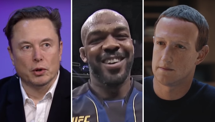 Les hommes d'affaires Elon Musk (gauche) et Mark Zuckerberg (droite) entourent le champion UFC Jon Jones (centre)