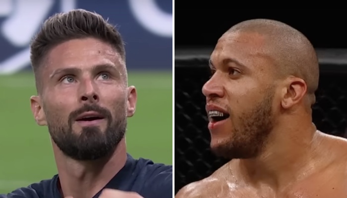 L'attaquant de l'équipe de France de football, Olivier Giroud (gauche) et la star française de l'UFC, Ciryl Gane (droite)