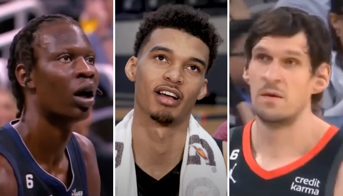 Les joueurs NBA Bol Bol (gauche), Victor Wembanyama (centre) et Boban Marjanovic (droite)