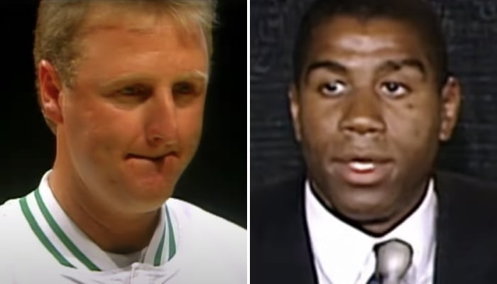 Les légendes de la NBA Larry Bird (gauche) et Magic Johnson (droite)
