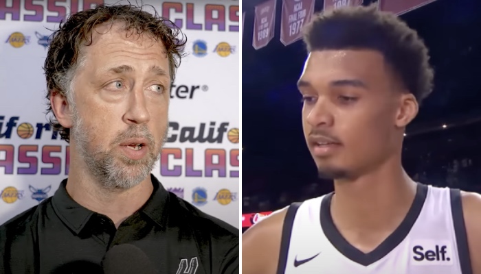 Le coach de Summer League des San Antonio Spurs, Matt Nielsen (gauche), et le joueur NBA français Victor Wembanyama (droite)