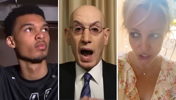 Le joueur français Victor Wembanyama (gauche), le commissioner de la NBA Adam Silver (centre) et la célèbre popstar Britney Spears (droite)