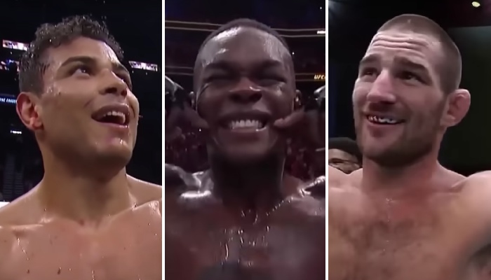 Les combattants UFC Paulo Costa (gauche), Israel Adesanya (centre) et Sean Strickland (droite)