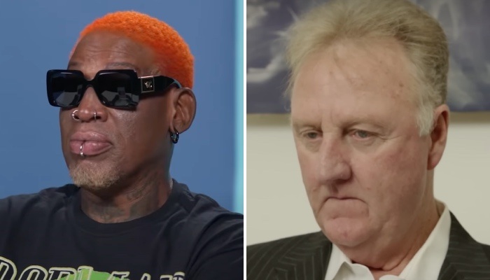 Les légendes NBA Dennis Rodman (gauche) et Larry Bird (droite)