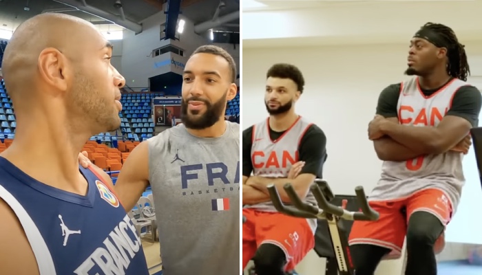 Les stars de l'équipe de France Nicolas Batum et Rudy Gobert (gauche) et celles du Canada Jamal Murray et Oshae Brissett