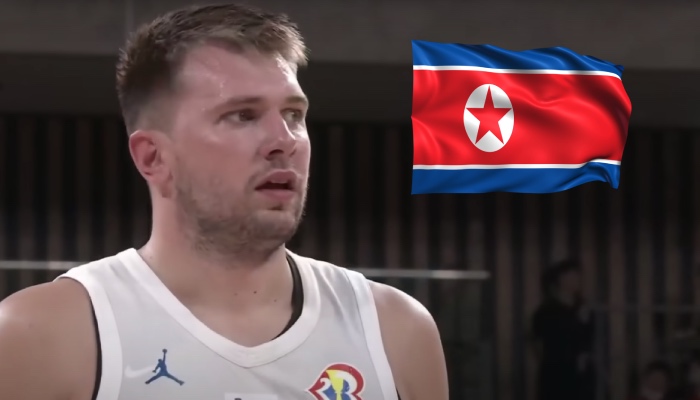 La star slovène Luka Doncic et le drapeau de la Corée du Nord