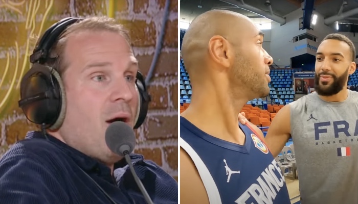 L'ancien international français Stephen Brun (gauche) et les cadres des Bleus Nicolas Batum et Rudy Gobert (droite)