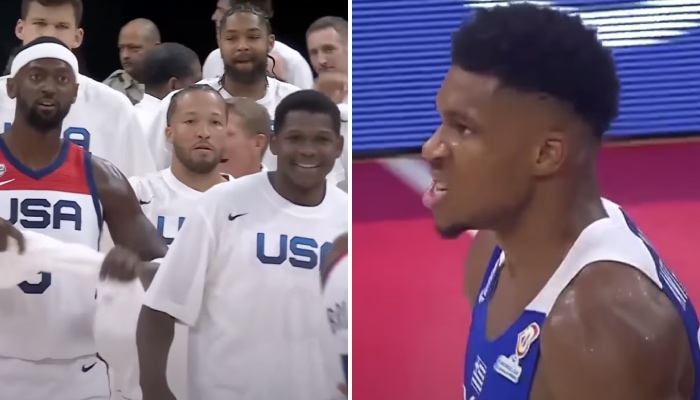 Les stars NBA Bobby Portis, Jalen Brunson et Anthony Edwards sous les couleurs de Team USA (gauche) et Giannis Antetokounmpo avec le maillot de la Grèce (droite)