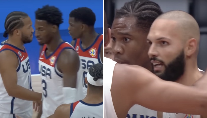 Les joueurs de Team USA, Jalen Brunson, Jaren Jackson Jr. et Anthony Edwards (gauche) et ceux de l'équipe de France, Guerschon Yabusele et Evan Fournier (droite)