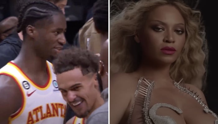 Les joueurs NBA des Atlanta Hawks, AJ Griffin et Trae Young (gauche), ainsi que la célèbre chanteuse Beyoncé (droite)