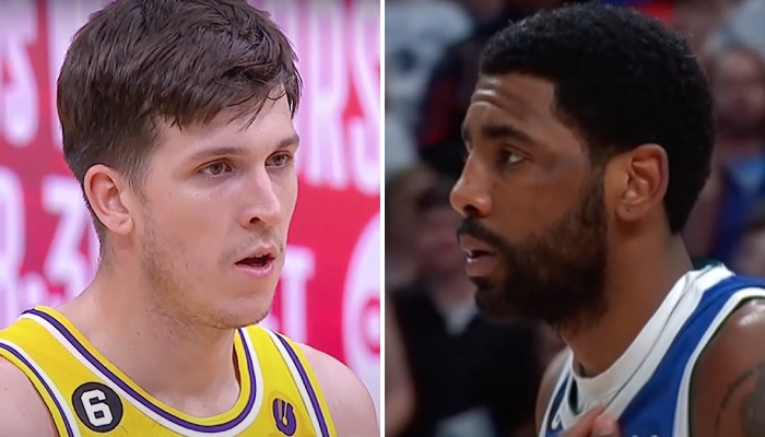 Les joueurs NBA Austin Reaves (gauche) et Kyrie Irving (droite)