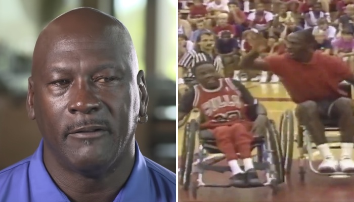 La légende NBA Michael Jordan (gauche) s'est lancée dans un match en fauteuil roulant et n'a pas fait le poids