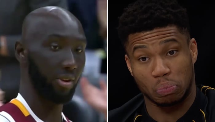 Les joueurs NBA Tacko Fall (gauche) et Giannis Antetokounmpo (droite)