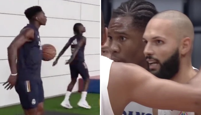 Les stars du football français et du Real Madrid, Aurélien Tchouaméni et Eduardo Camavinga (gauche), ainsi que les cadres du basket tricolores, Guerschon Yabusele et Evan Fournier (droite)