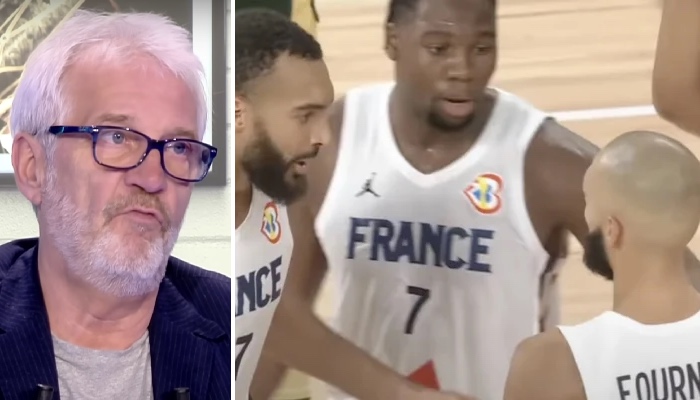 La célèbre voix du basket français, Jacques Monclar, et les joueurs de l'équipe de France Rudy Gobert, Guerschon Yabusele et Evan Fournier lors du Mondial 2023